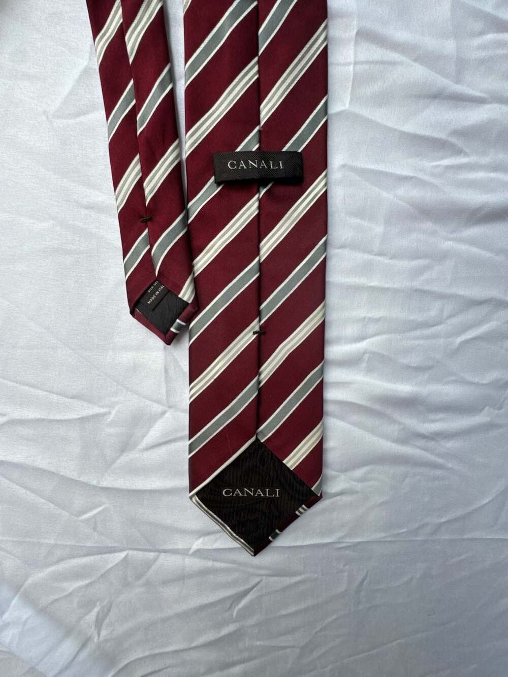 Canali Men's Striped Silk Necktie in Burgundy and Grey, Made in Italy